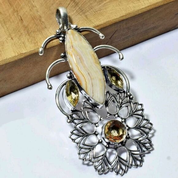 Unique Crazy Lace Agate Citrine Ethnic Handmade Pendant Jewelry 3.28" - Picture 1 of 1